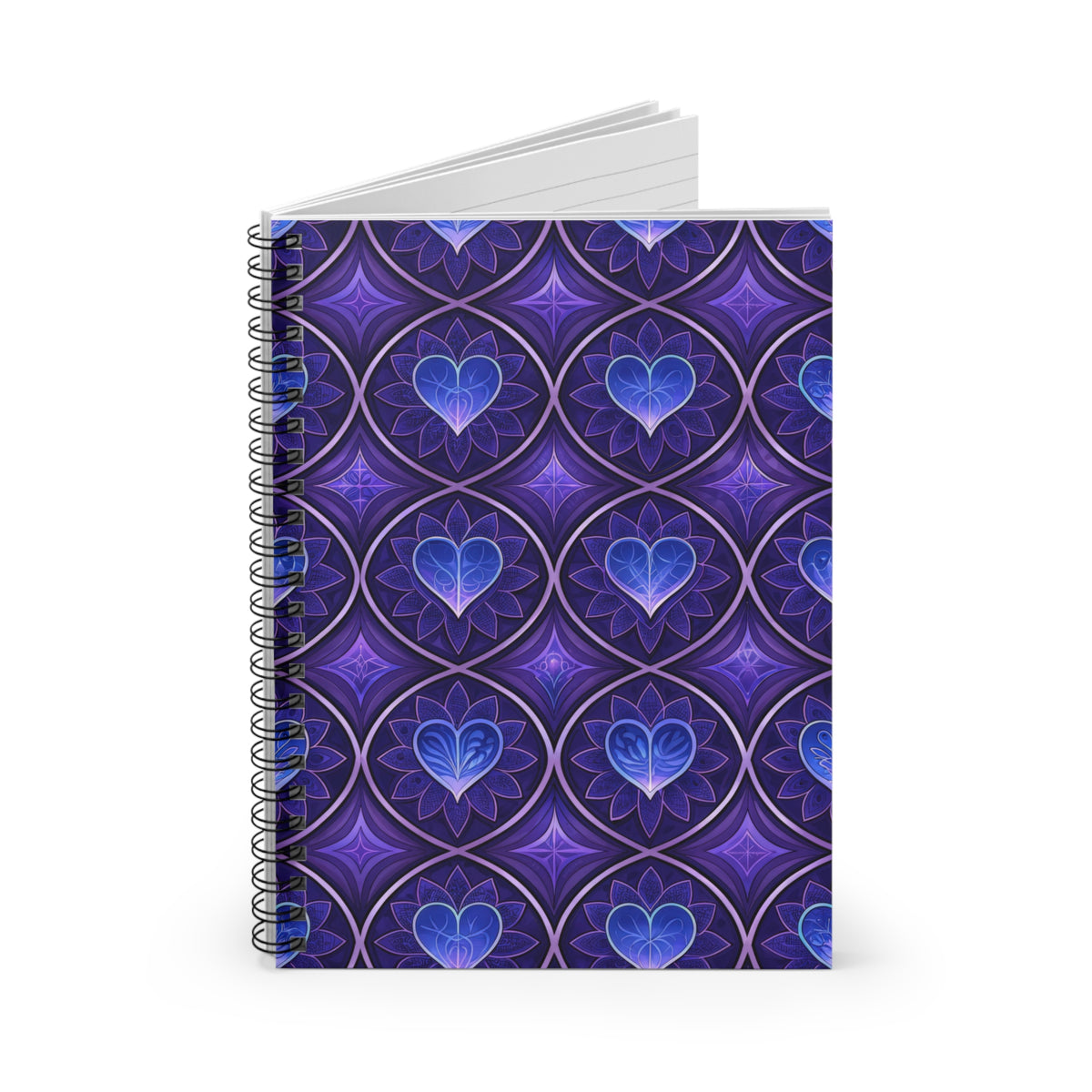Spiral bound journal with purple and blue heart and floral pattern.