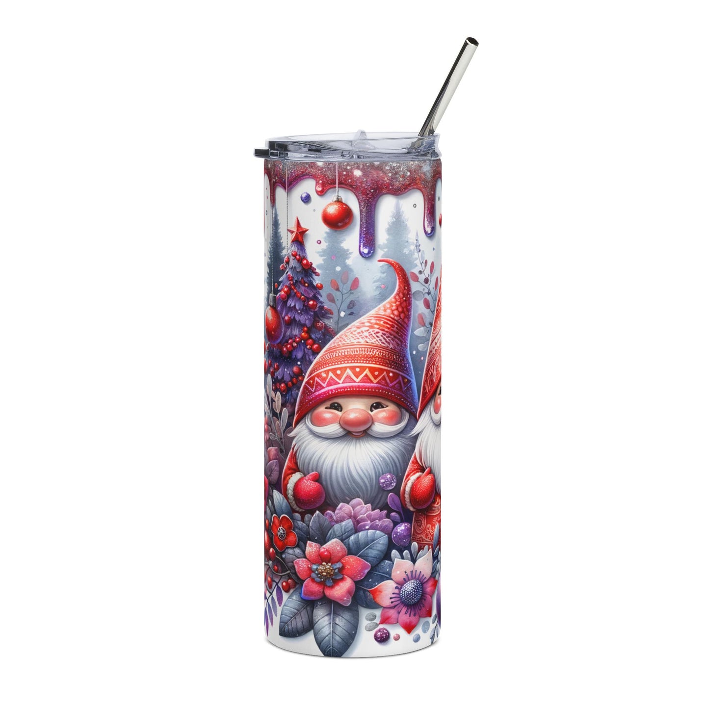 Christmas tumbler with gnomes, a tree, and festive red decorations.