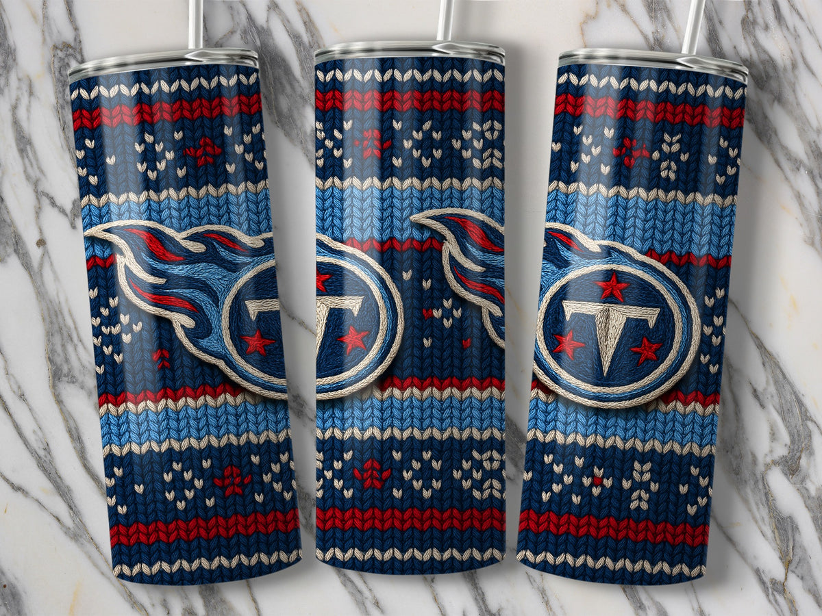 Tennessee Titans ugly Christmas sweater pattern tumbler with straw.