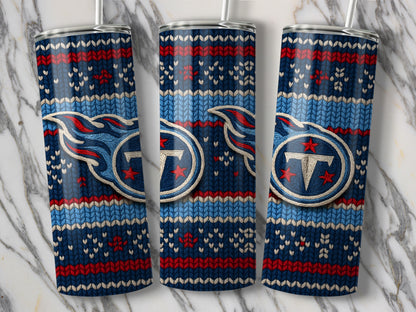 Tennessee Titans ugly Christmas sweater pattern tumbler with straw.