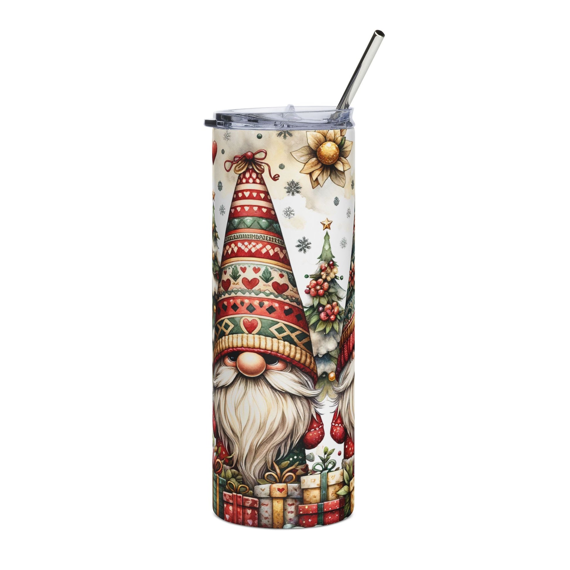 Christmas gnome tumbler with festive pattern and metal straw.