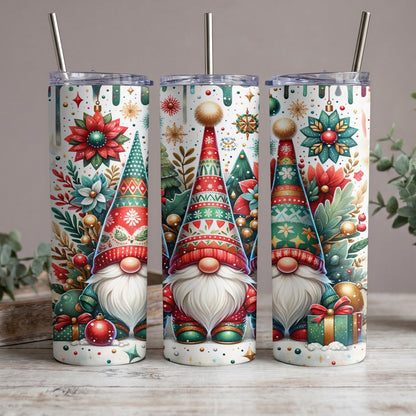 Three tumblers with a repeating gnome and Christmas floral pattern.