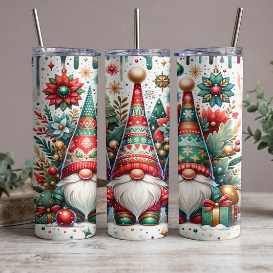Three tumblers with a repeating gnome and Christmas floral pattern.