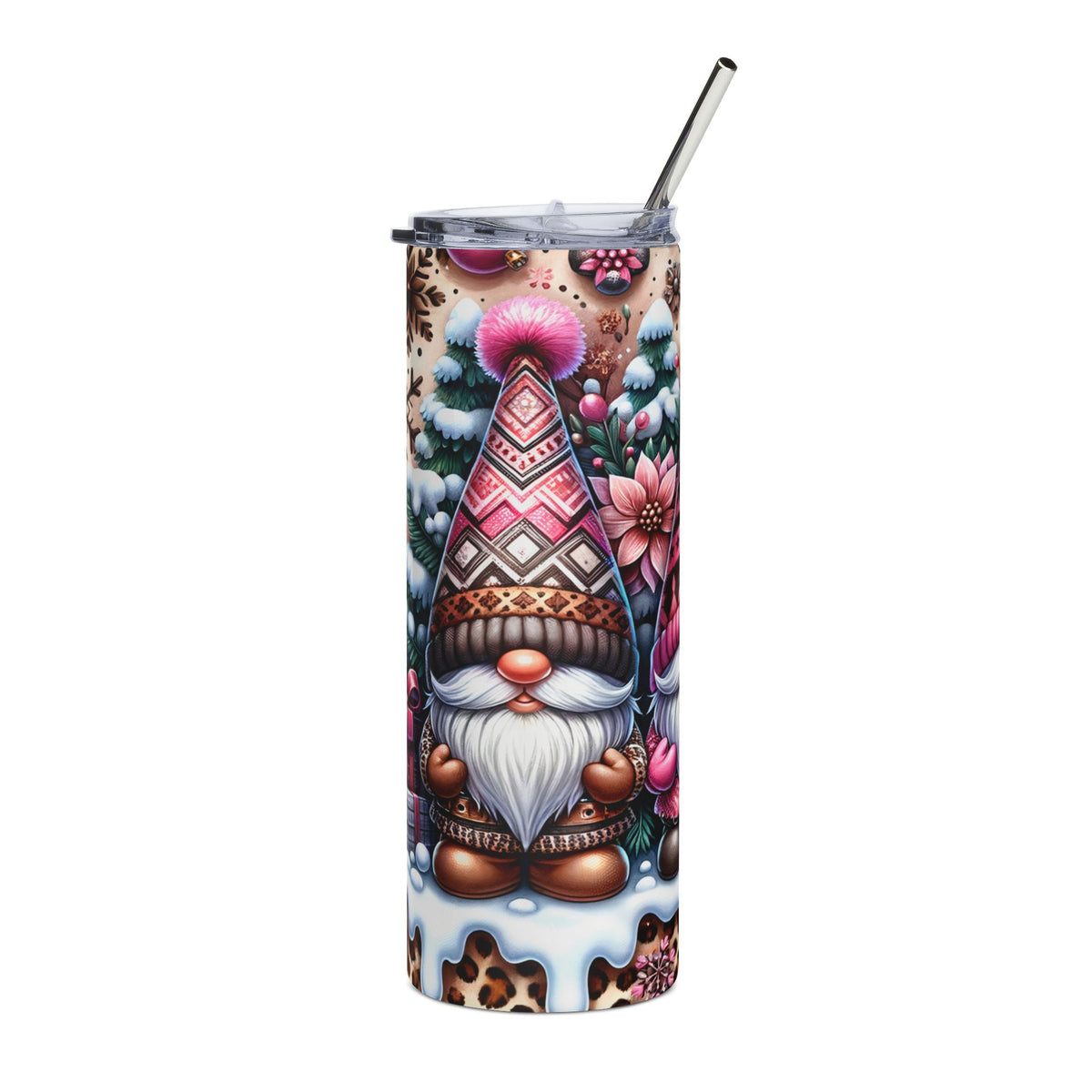 Tall tumbler with festive gnome, trees, flowers, and leopard print pattern.