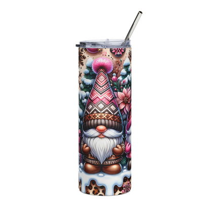Tall tumbler with festive gnome, trees, flowers, and leopard print pattern.
