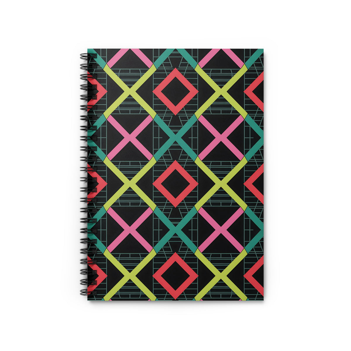 Spiral notebook with a black cover featuring a repeating pattern of colorful diamonds.