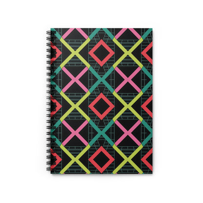 Spiral notebook with a black cover featuring a repeating pattern of colorful diamonds.