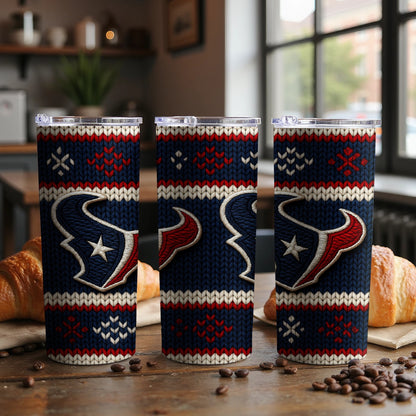 Three tumblers with Houston Texans logo and knit pattern.