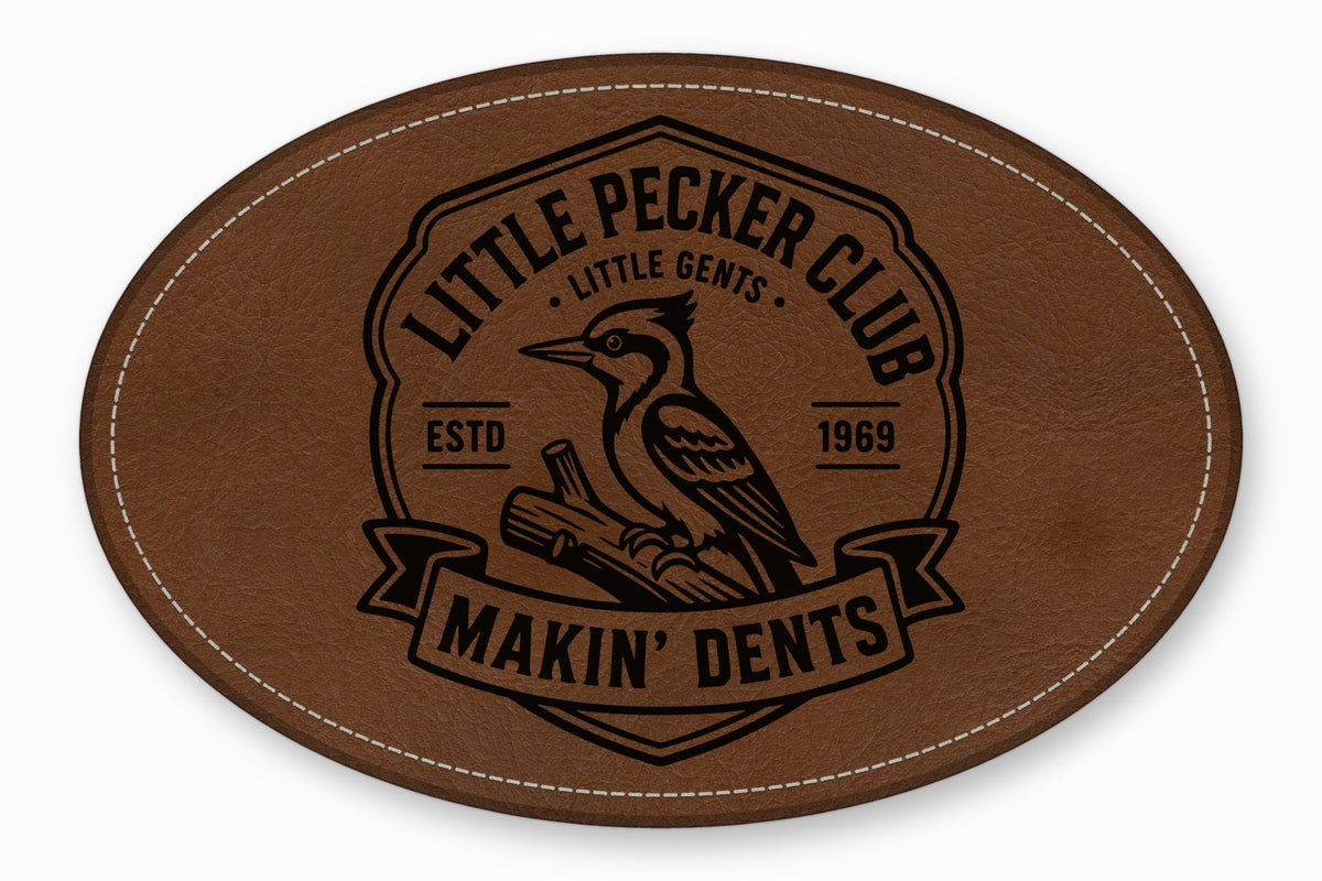 Brown oval leather patch featuring a woodpecker logo and the text Little Pecker Club Makin Dents.