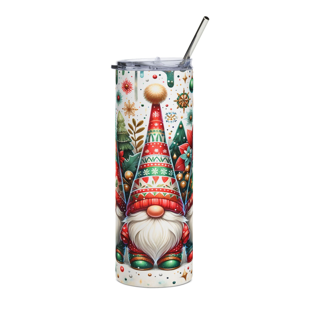 Tumbler with a Christmas gnome design and a metal straw.