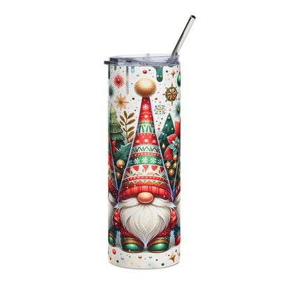 Tumbler with a Christmas gnome design and a metal straw.