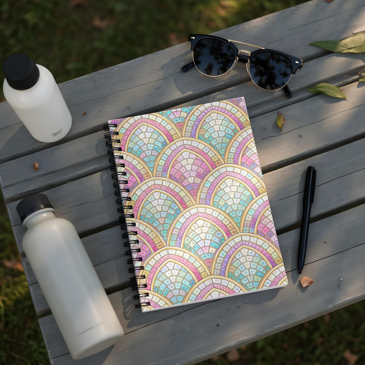 Spiral notebook with pastel stained glass pattern on wooden table.
