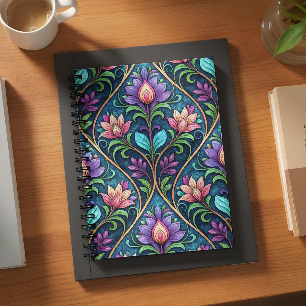 Spiral bound notebook with colorful floral Art Nouveau pattern on dark blue background.