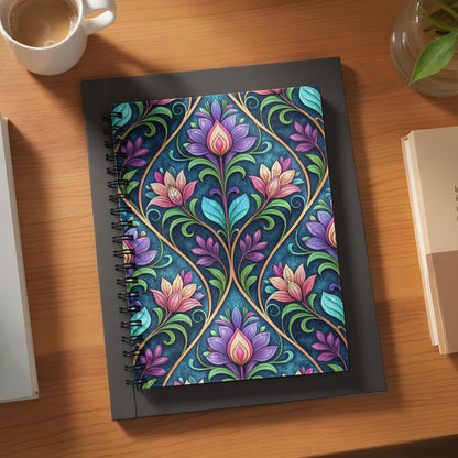 Spiral bound notebook with colorful floral Art Nouveau pattern on dark blue background.