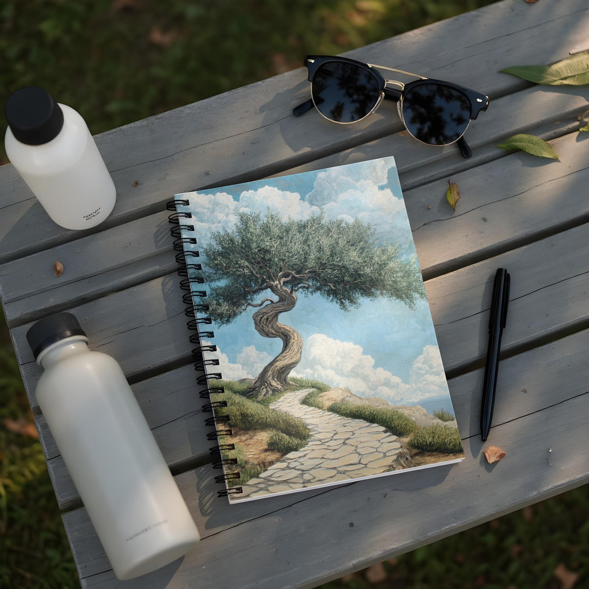 Spiral notebook with painting of a gnarled olive tree and stone path against a cloudy sky.