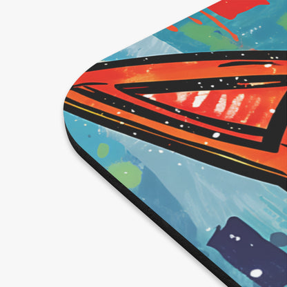 Close-up of a mousepad corner featuring an abstract red, orange, and blue graffiti design.