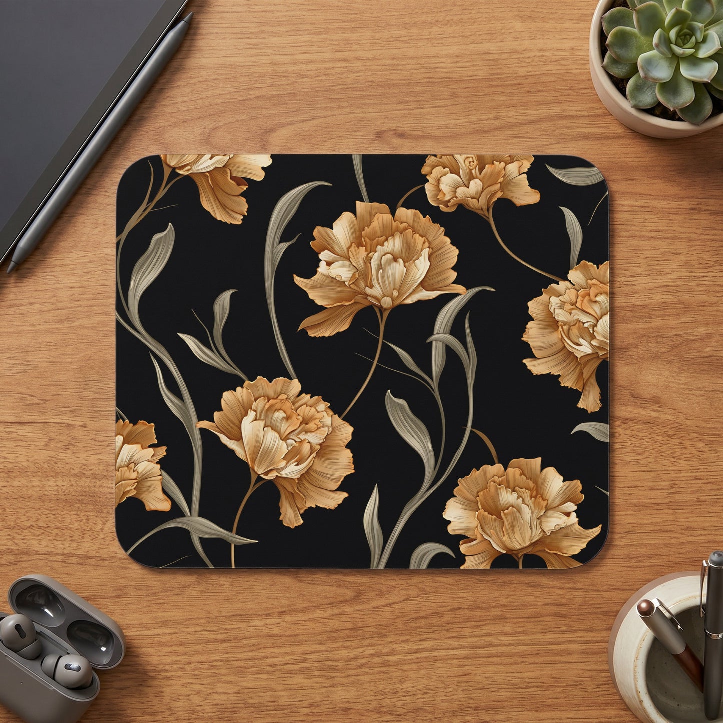 Black mousepad with a pattern of detailed gold and green flowers.