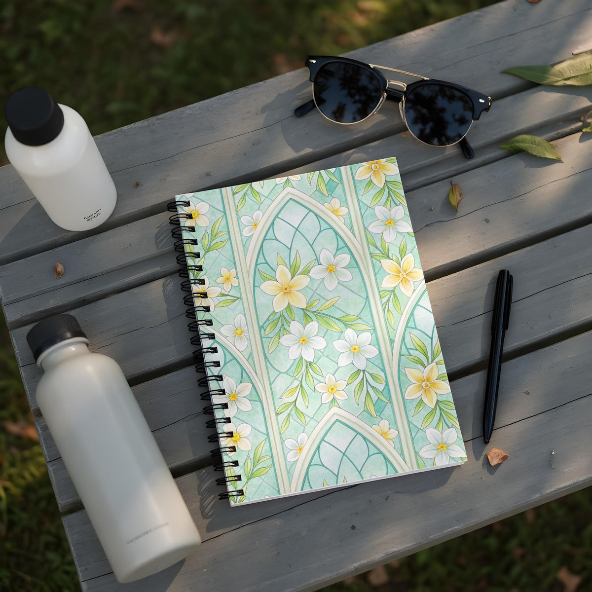 Spiral notebook with stained-glass floral design, two water bottles, sunglasses, and pen.