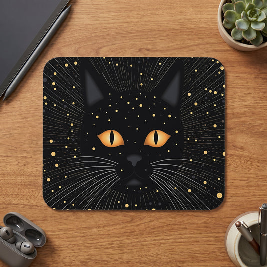 Black cat face with golden eyes and starry background on a mousepad.