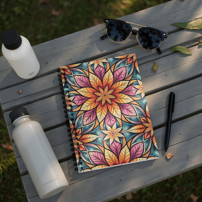 Notebook with colorful floral mandala pattern, sunglasses, pen, and two water bottles.