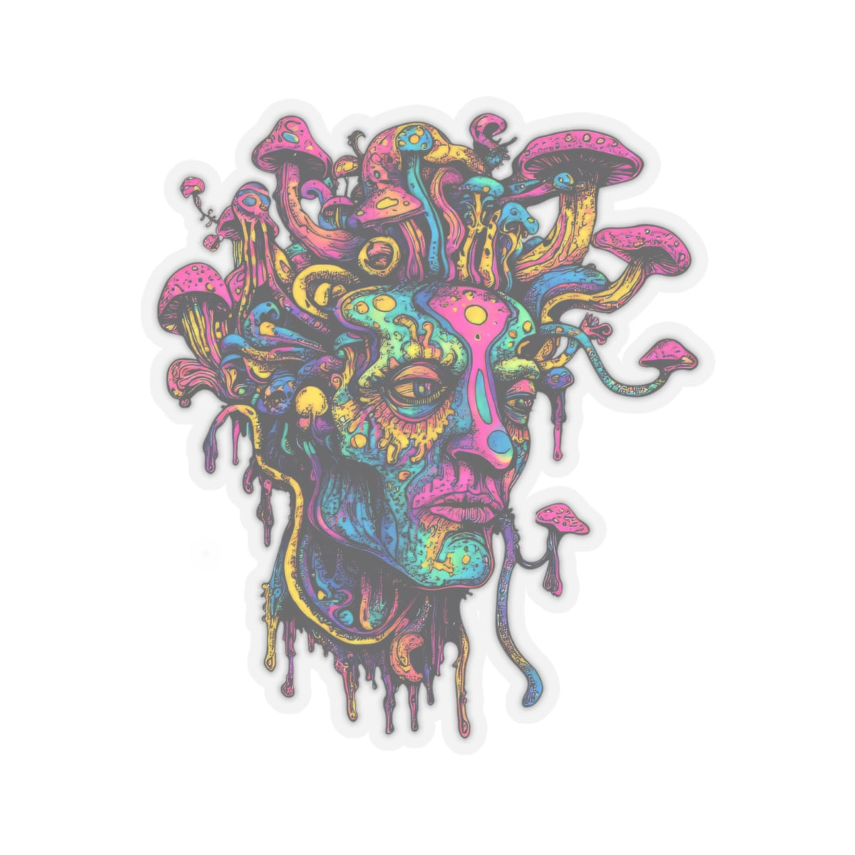 Psychedelic portrait with colorful mushrooms growing from a melting, distorted face.