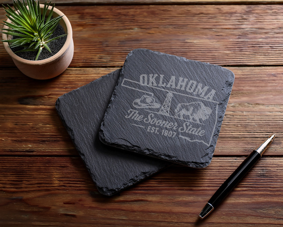 Oklahoma The Sooner State EST. 1907 slate coasters with bison and oil rig design.
