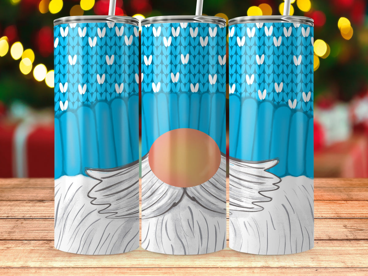 Three tumblers with a blue knit pattern and gnome faces with white beards.
