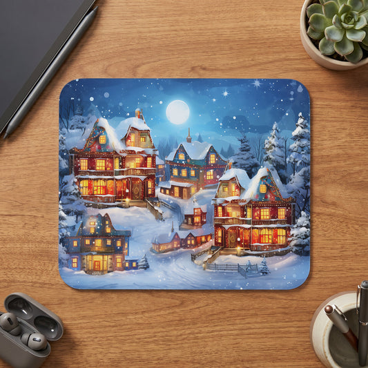 Snowy village scene with illuminated houses under a full moon and starry sky.