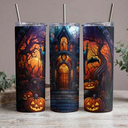 Three tumblers display a stained-glass-style Halloween scene with pumpkins and a haunted house.