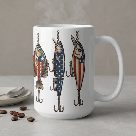 White mug with three American flag-themed fishing lures hanging from it.