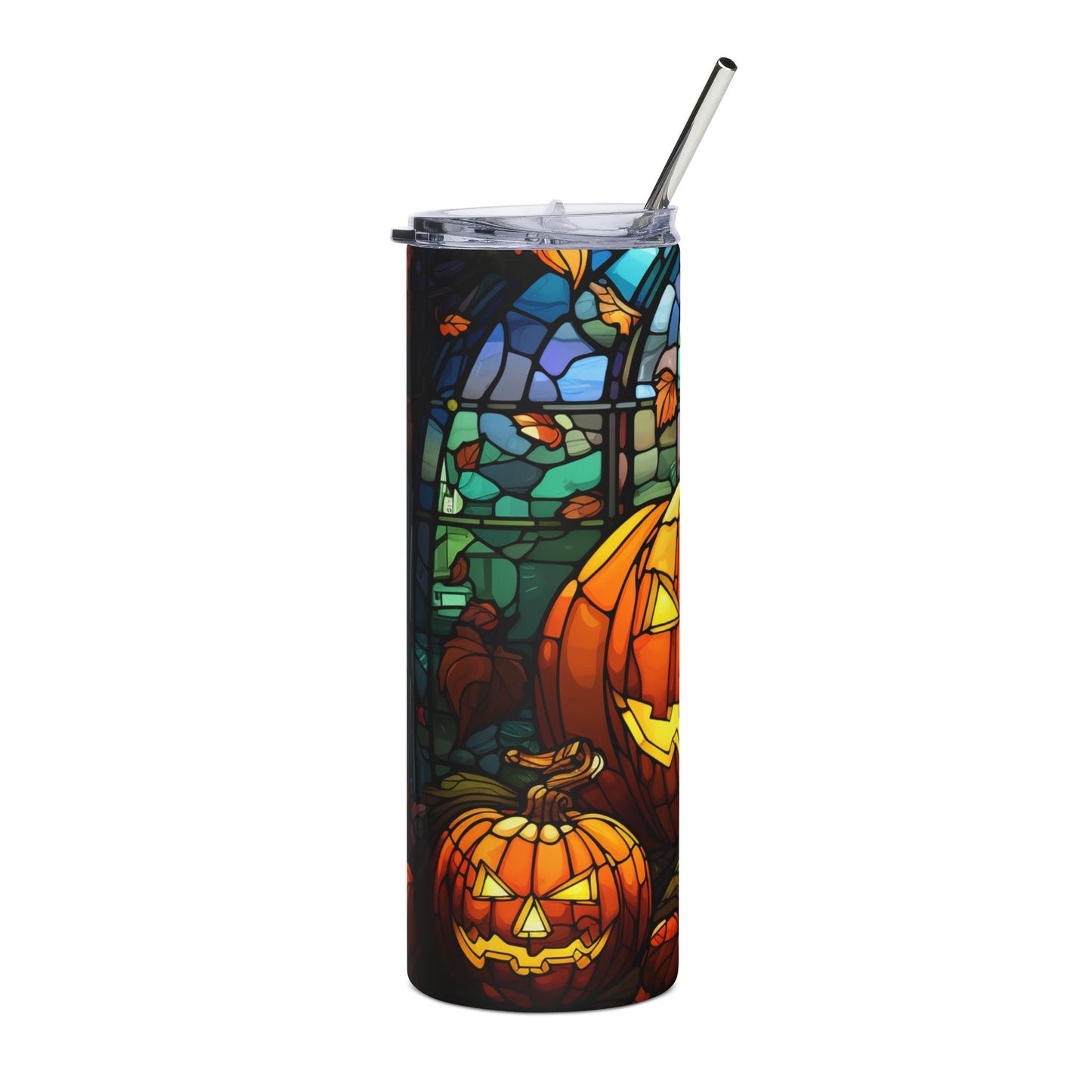 Tumbler with stained glass jack-o'-lanterns and fall leaves design.