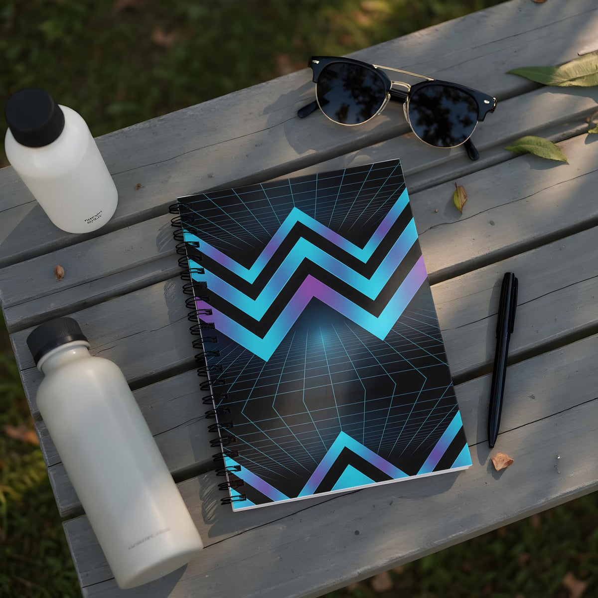Spiral-bound notebook with a neon grid and chevron design.