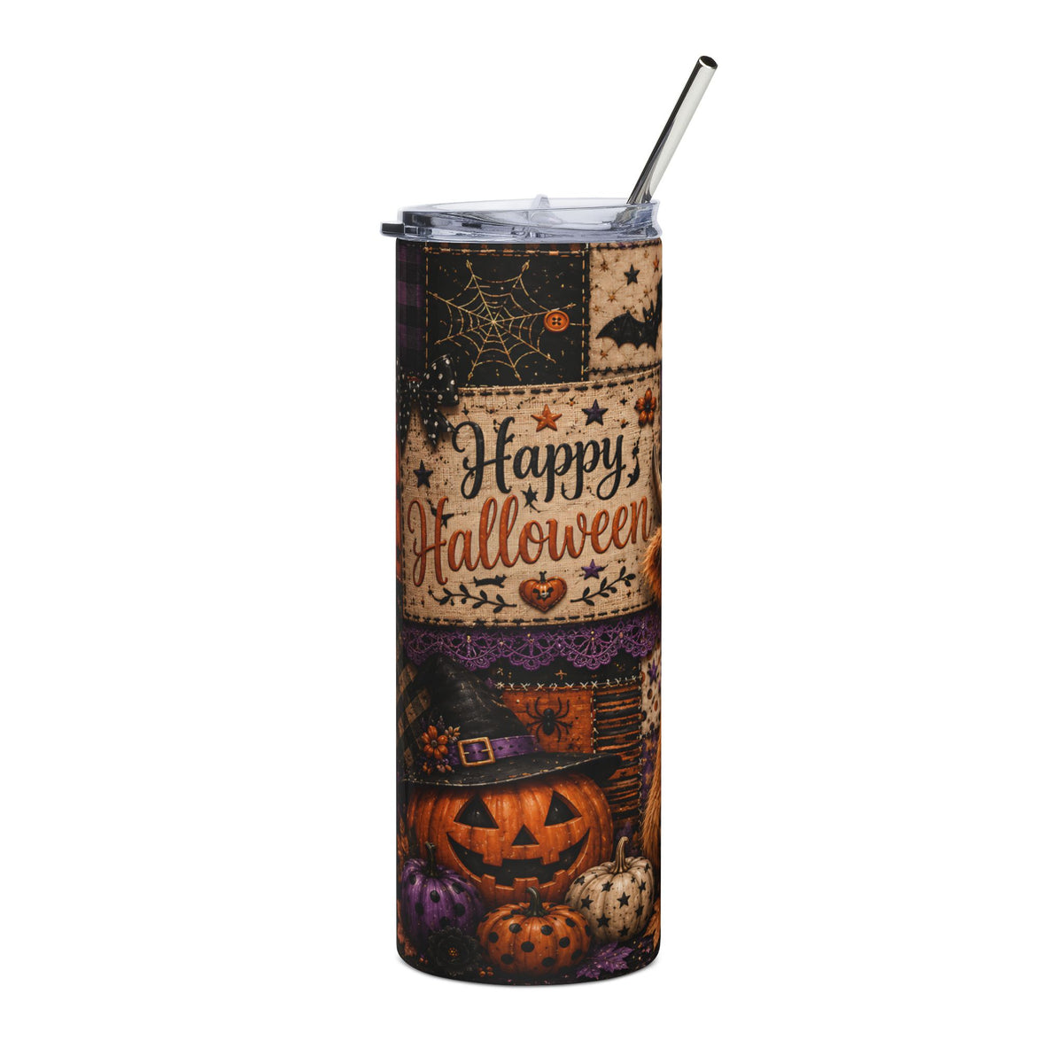 Halloween tumbler with pumpkins, witch hat, spider web, and "Happy Halloween" text.