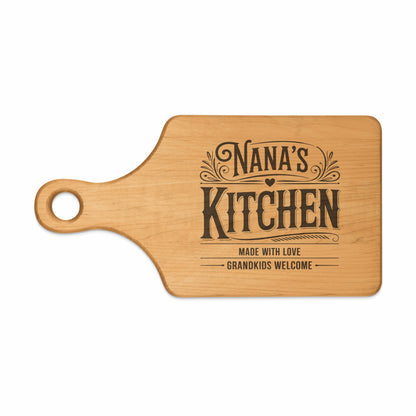 Wooden cutting board with "Nana's Kitchen" and "Grandkids Welcome" text.