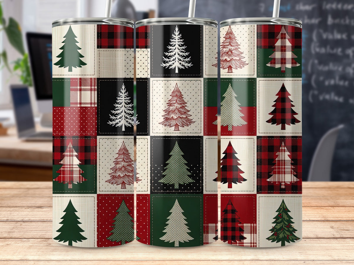 Tumbling cups with a patchwork design of Christmas trees and plaid patterns.