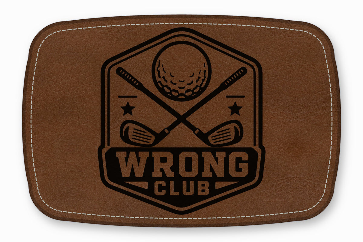 Brown rectangular leather patch featuring a black golf emblem with crossed clubs and text reading WRONG CLUB.