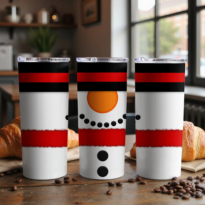 Three tumblers with a snowman design featuring a black hat, orange nose, and red scarf.