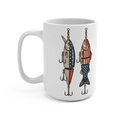 White mug with two segmented fishing lures decorated with American flag design.