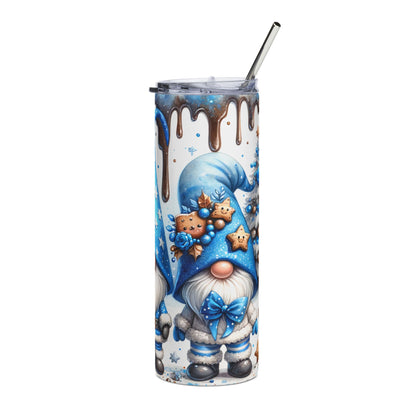 Blue gnome tumbler with a chocolate drip design and a silver straw.