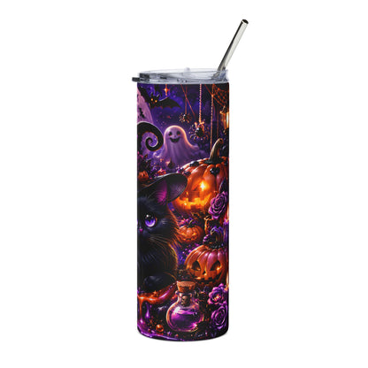 Tumbler with a Halloween design featuring a black cat, pumpkins, ghost, bats, and potion.
