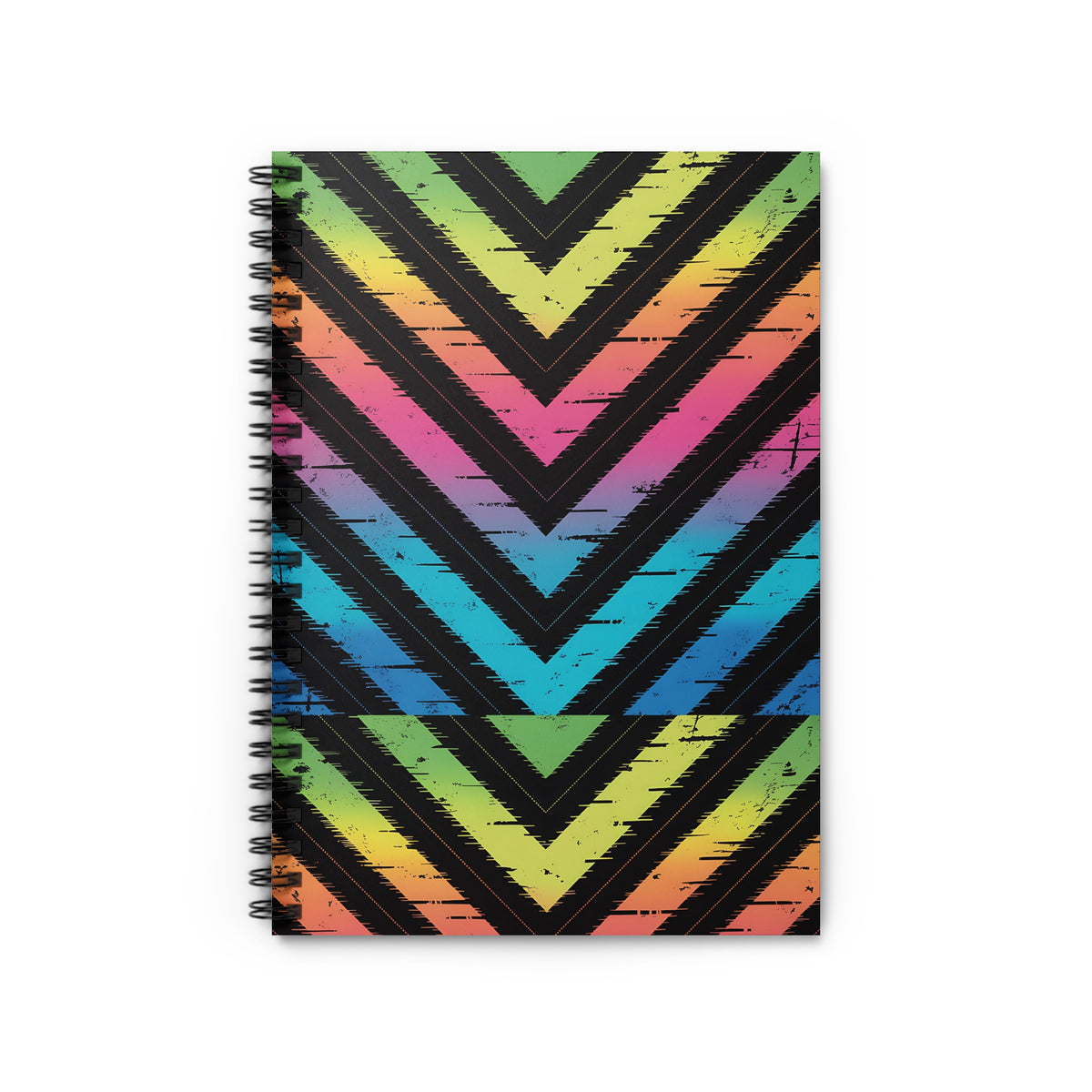 Spiral-bound notebook with rainbow chevron pattern and distressed texture.