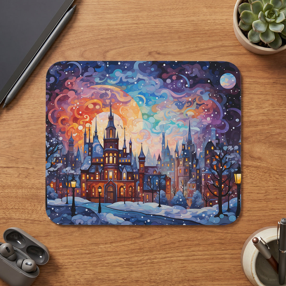 Whimsical winter city scene with glowing windows under a colorful, starry sky.