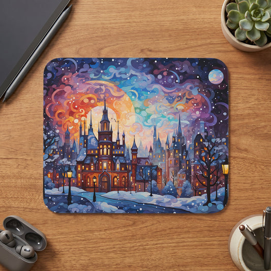 Whimsical winter city scene with glowing windows under a colorful, starry sky.