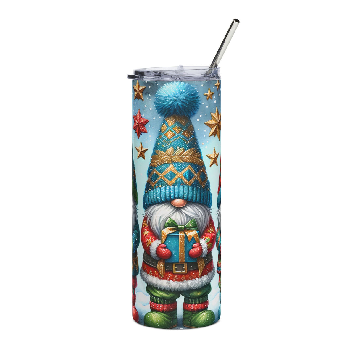 Tumbler with a gnome holding a gift, wearing a blue pom-pom hat and festive outfit.