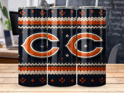 Three tumblers with navy, white, and orange Chicago Bears logo and knit pattern.