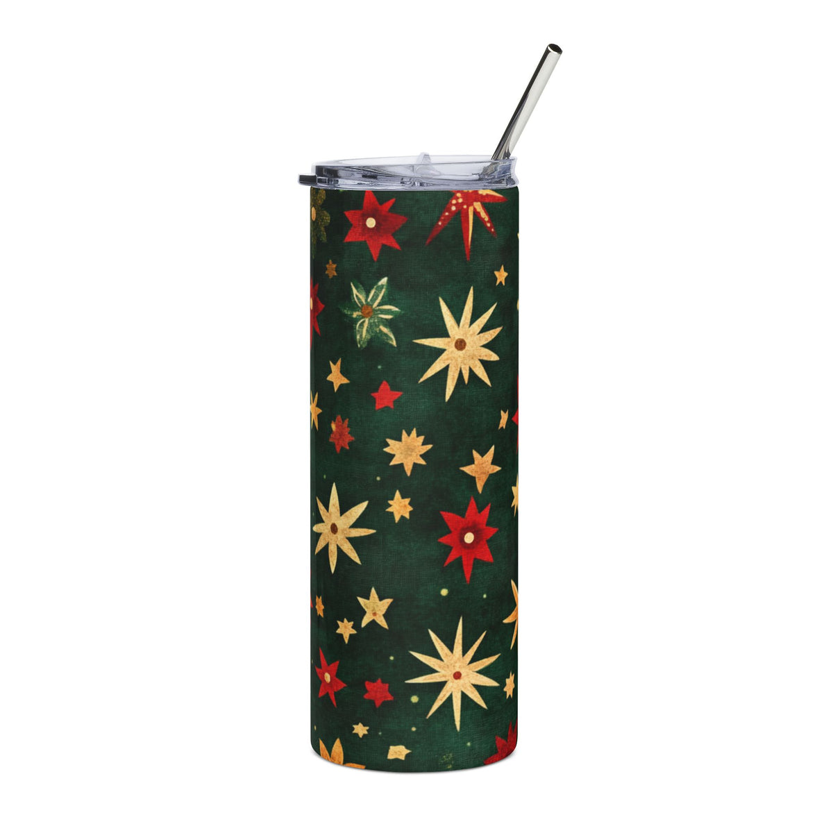 Green tumbler with red and gold star pattern and metal straw.
