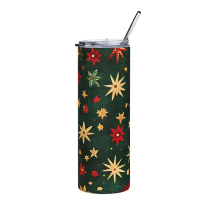Green tumbler with red and gold star pattern and metal straw.