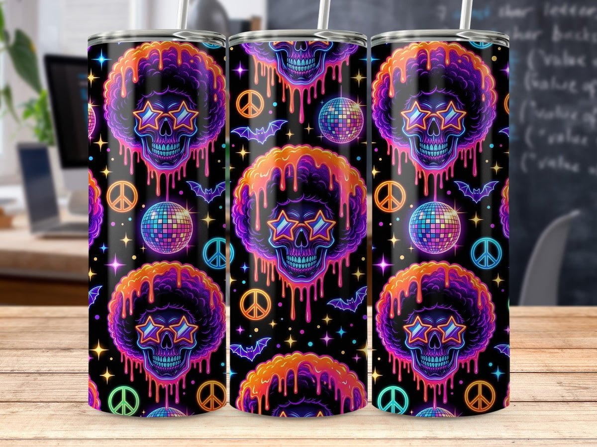 Skull with afro, star sunglasses, disco balls, peace signs, and bats on a black background.