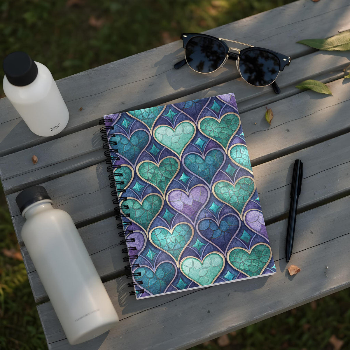 Notebook with stained glass heart pattern in purple and teal on a wooden table.
