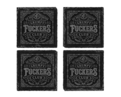 Set of four slate coasters with "Grumpy Fuckers Club" text and skull design.